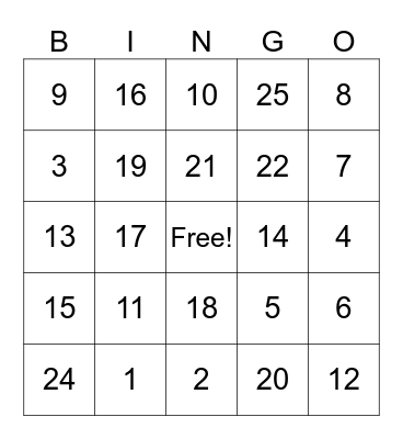 Number Bingo Card