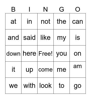 sight words Bingo Card