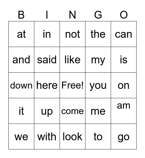 sight words Bingo Card