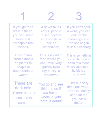 Flyers Exam Reading and Writing part 1 Bingo Card