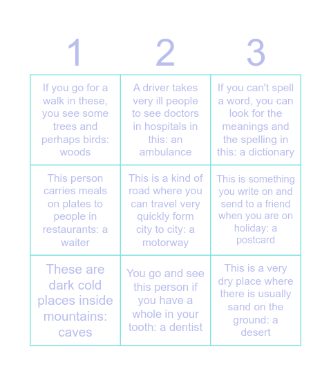 Flyers Exam Reading and Writing part 1 Bingo Card