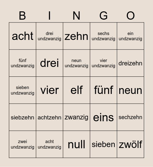 die Zahlen von 0 bis 20 Bingo Card