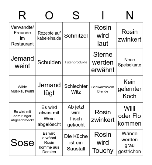 Rosins Restaurants Bingo Card