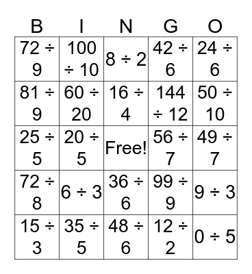 Division Bingo Card