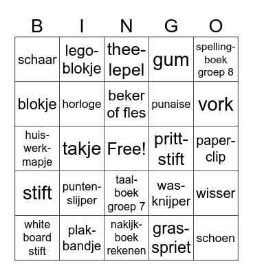 Schoolvoorwerpen Bingo Card