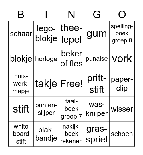 Schoolvoorwerpen Bingo Card