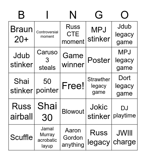 Thunder Nuggets Game 7 Bingo Card