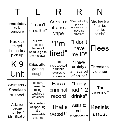 Police Body Cam Bingo Card