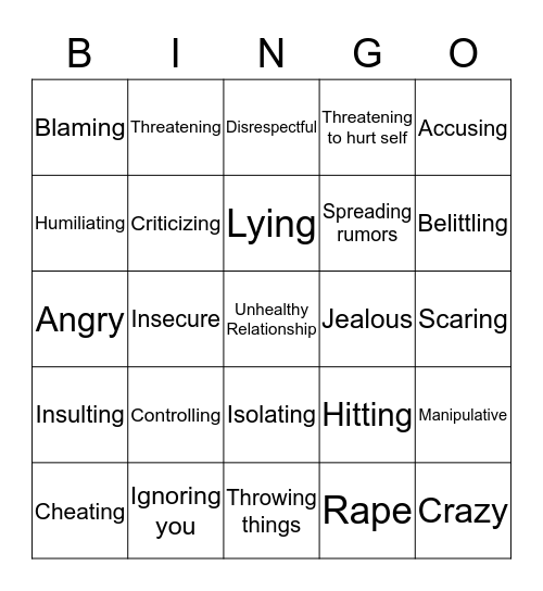 Unhealthy Dating Bingo Card