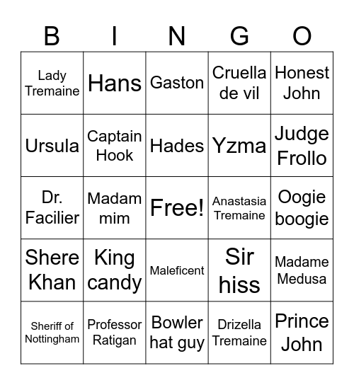 Disney Villains Bingo Card