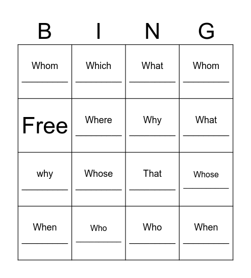 Relative Pronouns Bingo Card