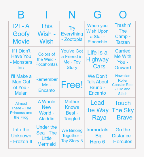 Disney Jukebox Bingo Card