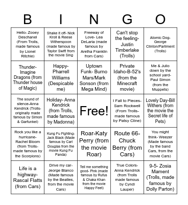 RQ#2 Trolls,Cars, Muppets Sound tracks & more- SOME SONGS May NOT be the ORIGINAL artists! Bingo Card
