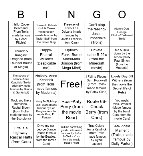 RQ#2 Trolls,Cars, Muppets Sound tracks & more- SOME SONGS May NOT be the ORIGINAL artists! Bingo Card