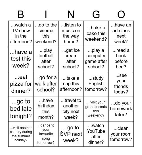 "Going to" BINGO Card