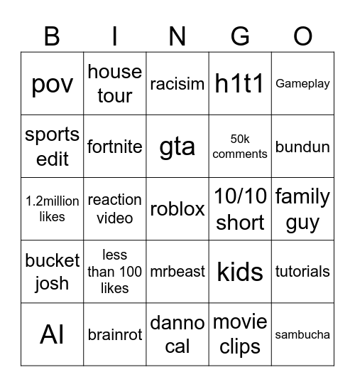 youtube shorts bingo Card