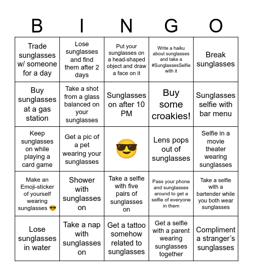Summer of Sunglasses Bingo Card