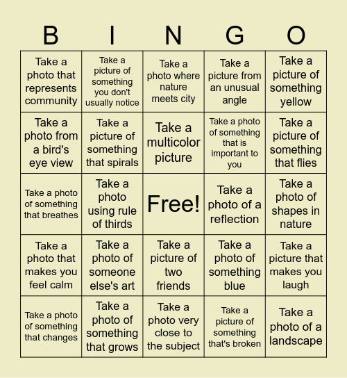Photography Field Trip Bingo! Bingo Card