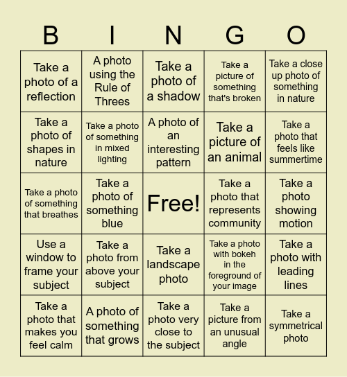 Photography Bingo! Bingo Card