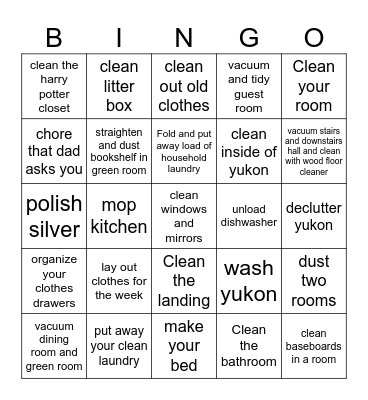 Chore Bingo Card