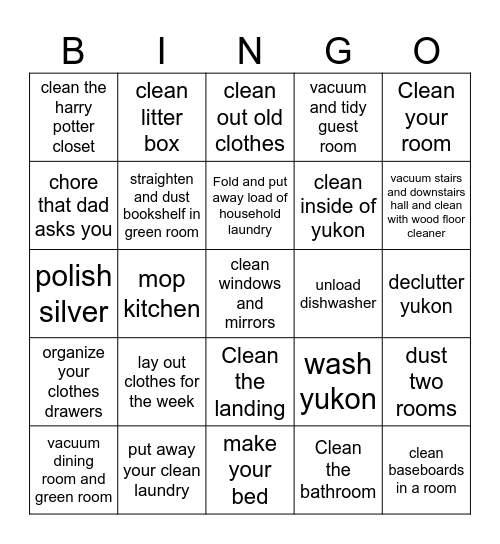 Chore Bingo Card