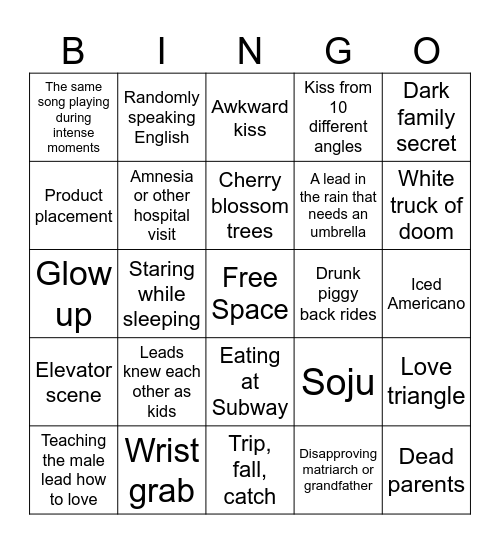 K Drama Tropes Bingo Card