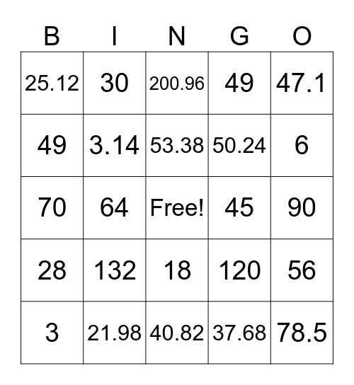 Area and circumference bingo Card