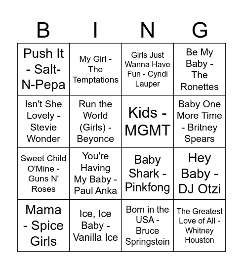 Baby Shower Songs Bingo Card