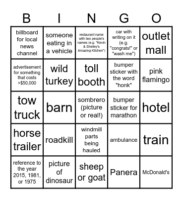 Baker Family Road Trip Highway Scavenger Hunt Bingo Card