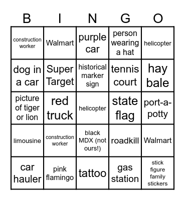 Baker Family Road Trip Highway Scavenger Hunt Bingo Card