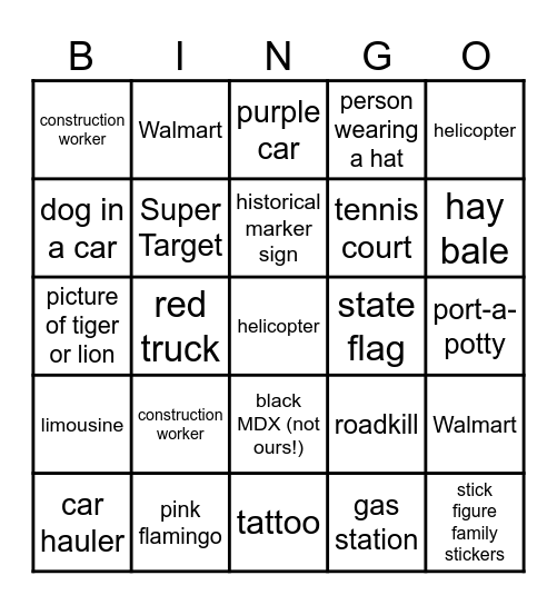 Baker Family Road Trip Highway Scavenger Hunt Bingo Card
