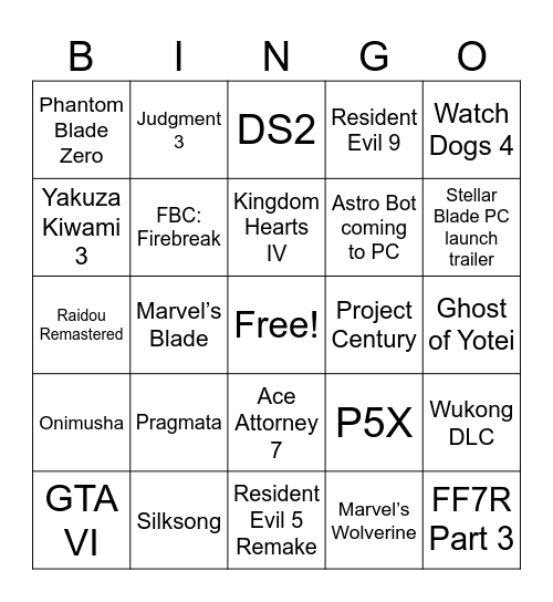 Summer Game Fest 2025 Bingo Card