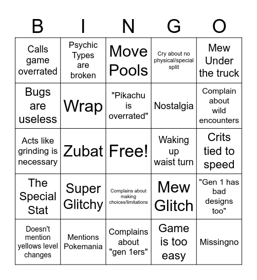 Pokemon Gen 1 Review/Retrospective Bingo Card