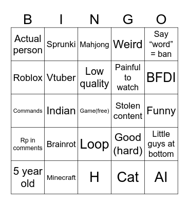 Shorts live bingo Card