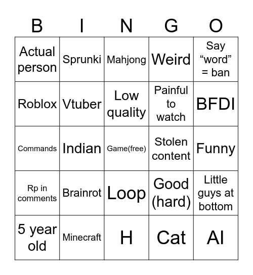 Shorts live bingo Card