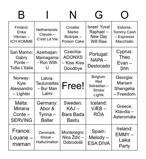 Eurovision 2025 Bingo Card