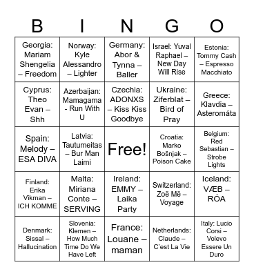 Eurovision 2025 Bingo Card