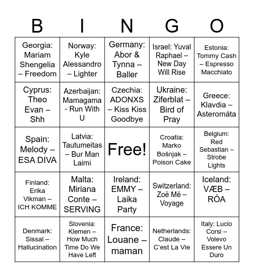 Eurovision 2025 Bingo Card