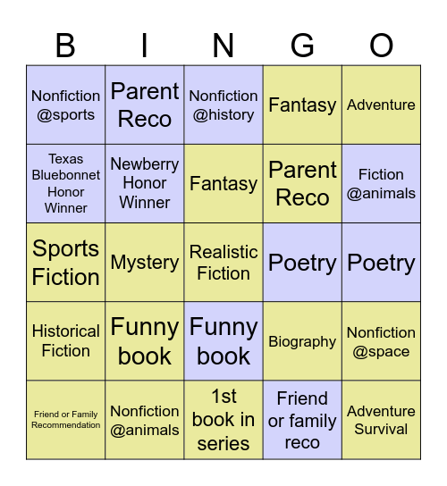 Summer Reading Challenge Bingo Card