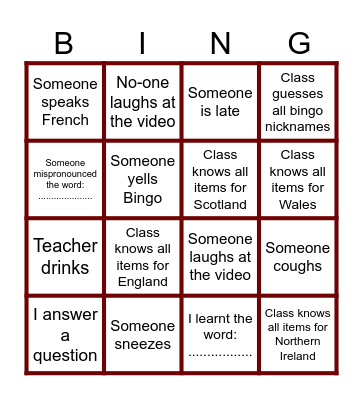 Last C&L class Bingo Card