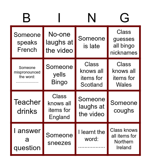 Last C&L class Bingo Card
