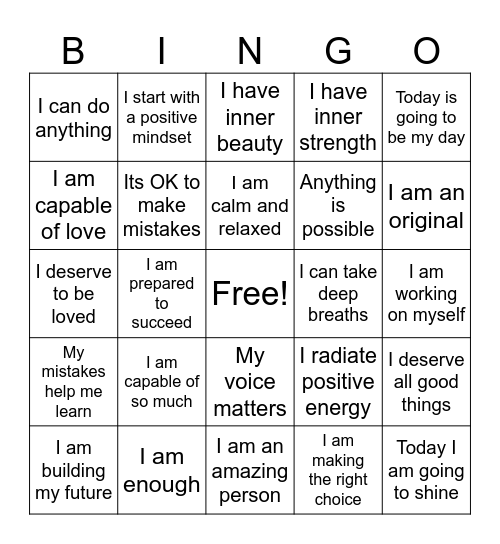 Positive Affirmation Bingo Card