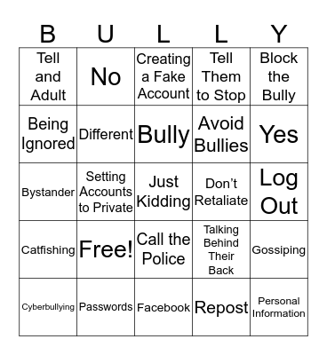 Block the Bully Bingo Card