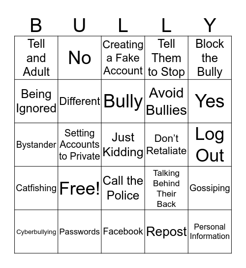 Block the Bully Bingo Card