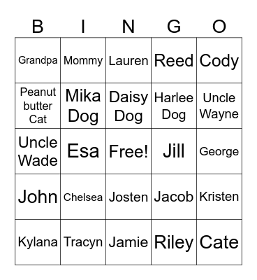 Family friend Bingo Card