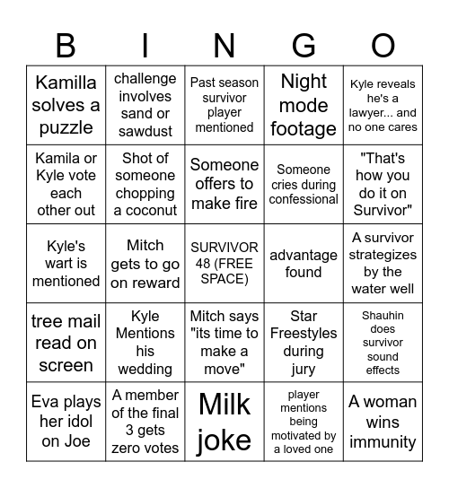 Survivor Finale Bingo Card