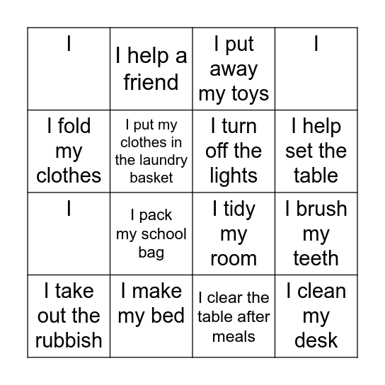 I am Responsible! Bingo Card
