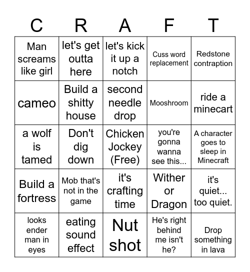 A Minecraft Movie Bingo Card