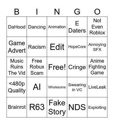Roblox shorts/tiktok bingo Card