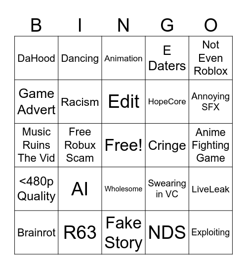 Roblox shorts/tiktok bingo Card